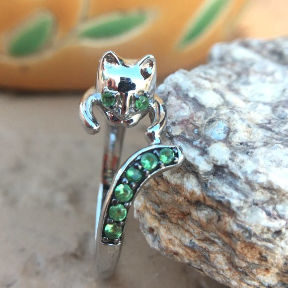 Genuine Tsavorite 925 Wraparound Cat Ring Sterling Silver Green Garnet Sz 6 or 9 - Picture 9 of 14